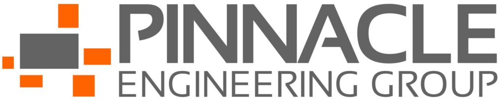 Logo for Pinnacle Engineering Group featuring a gray square with smaller orange and gray squares on the left, and the company name in large gray text to the right.